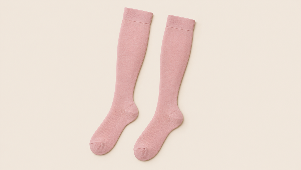 A pair of blush knee-high HugStep compression socks