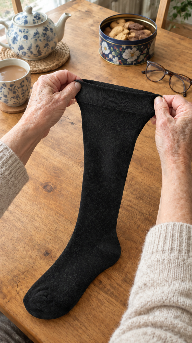 Stretching the top of a black HugStep compression sock