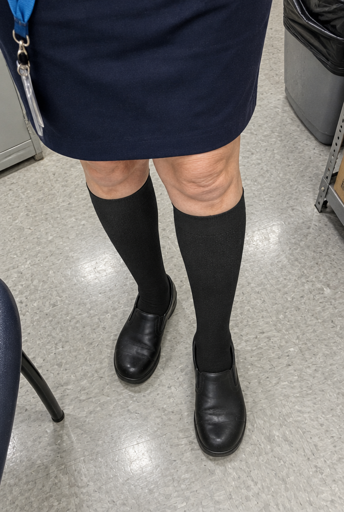 Black HugStep compression socks at work