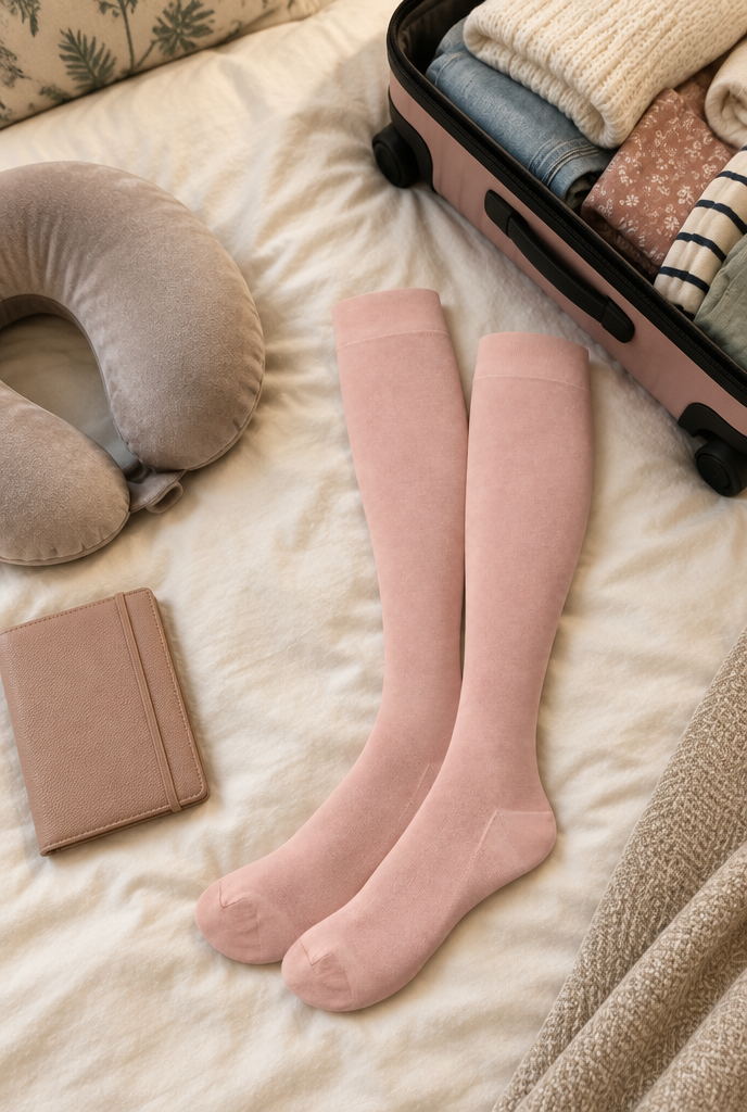 Blush HugStep compression socks packed for a trip