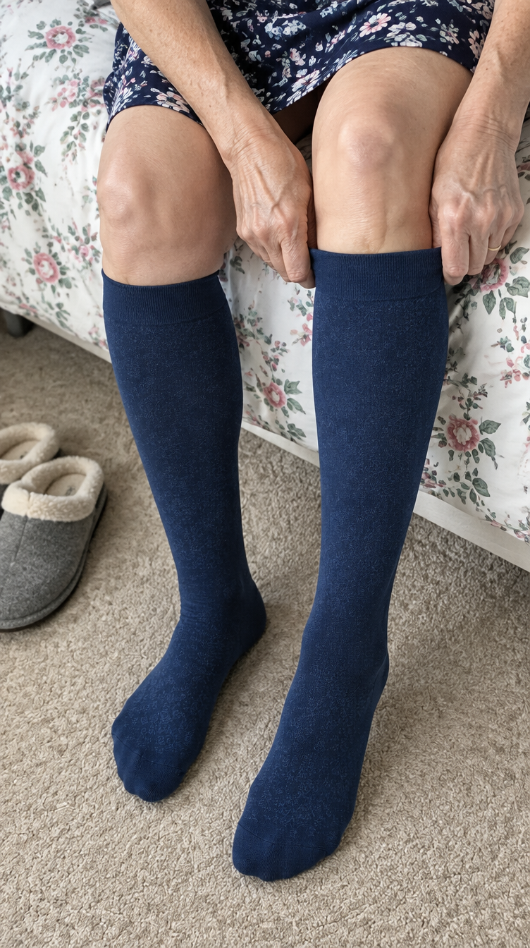 Pulling on navy HugStep compression socks