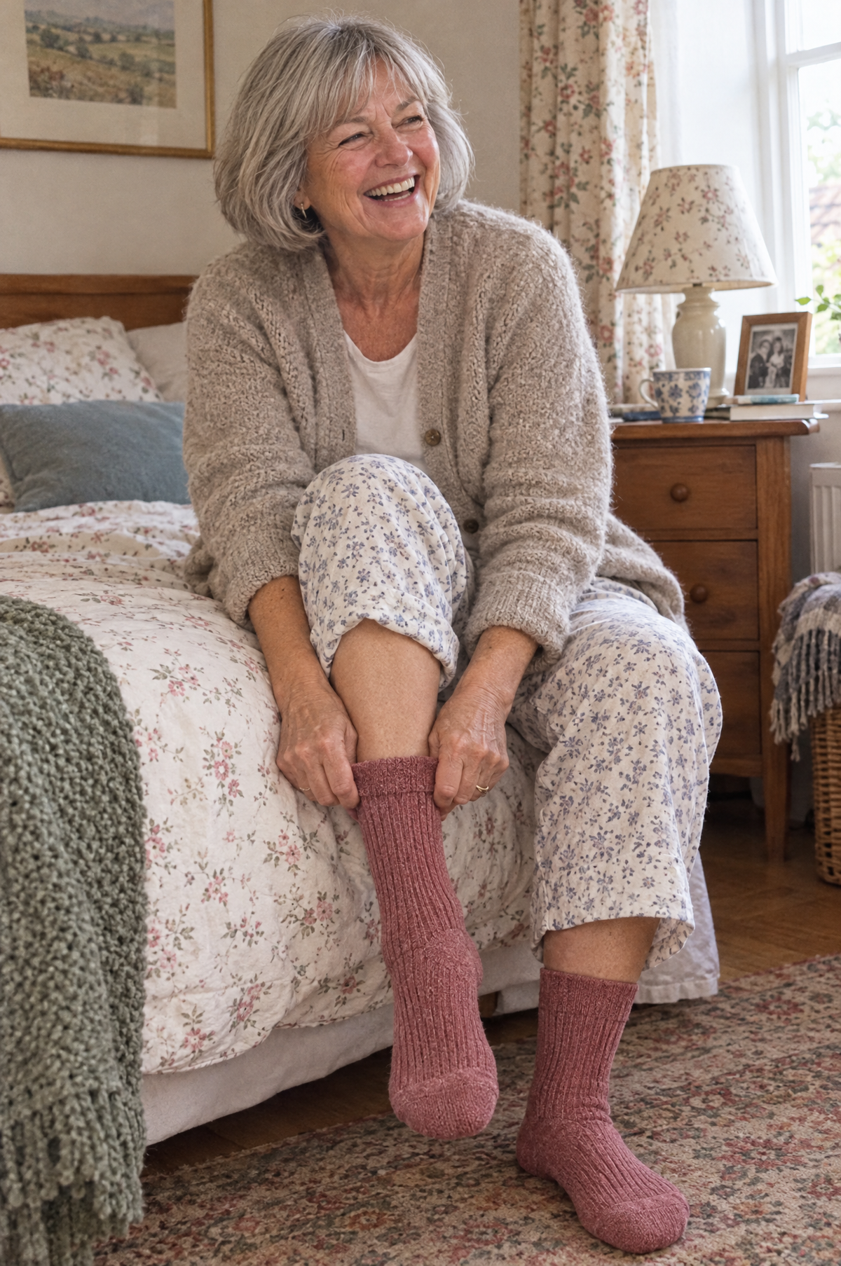 Woman pulling on soft HugStep socks on her bed