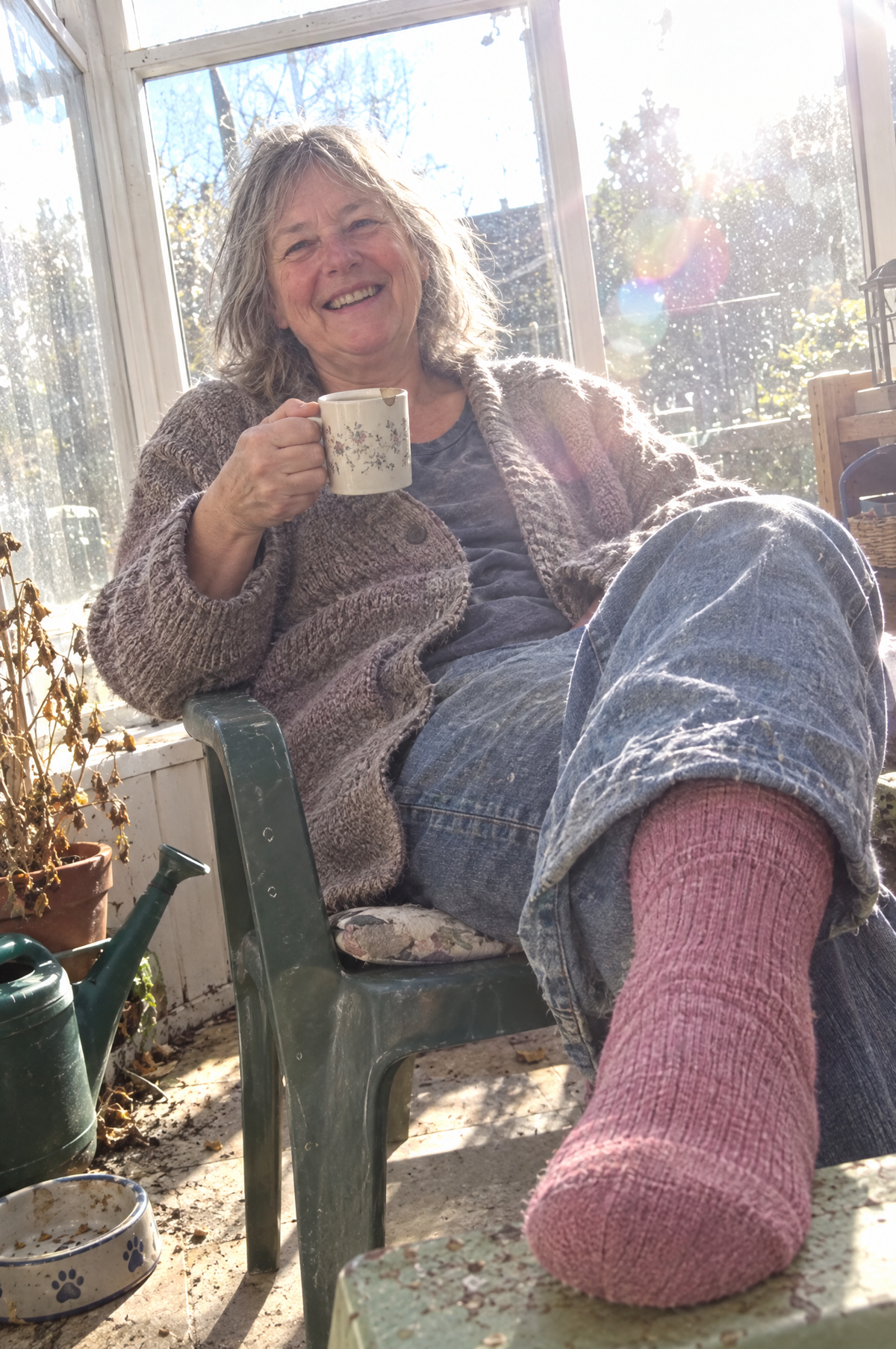 Woman laughing with a mug in her conservatory in HugStep socks